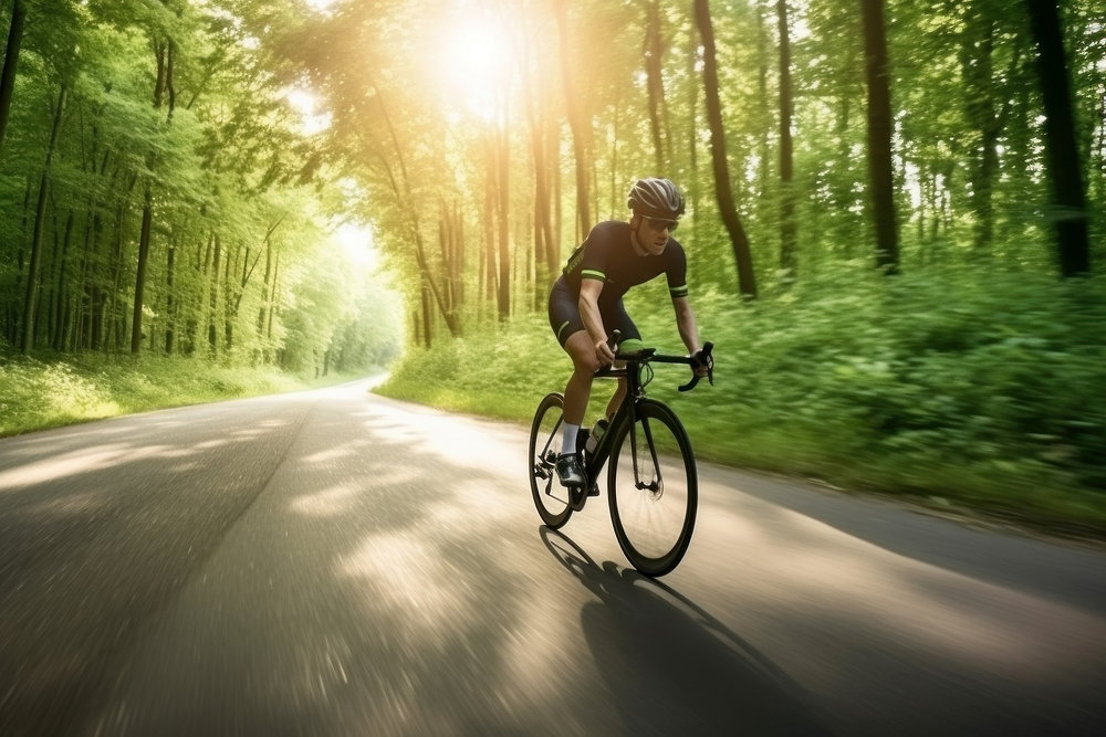 Cyclist riding on a tree-lined road