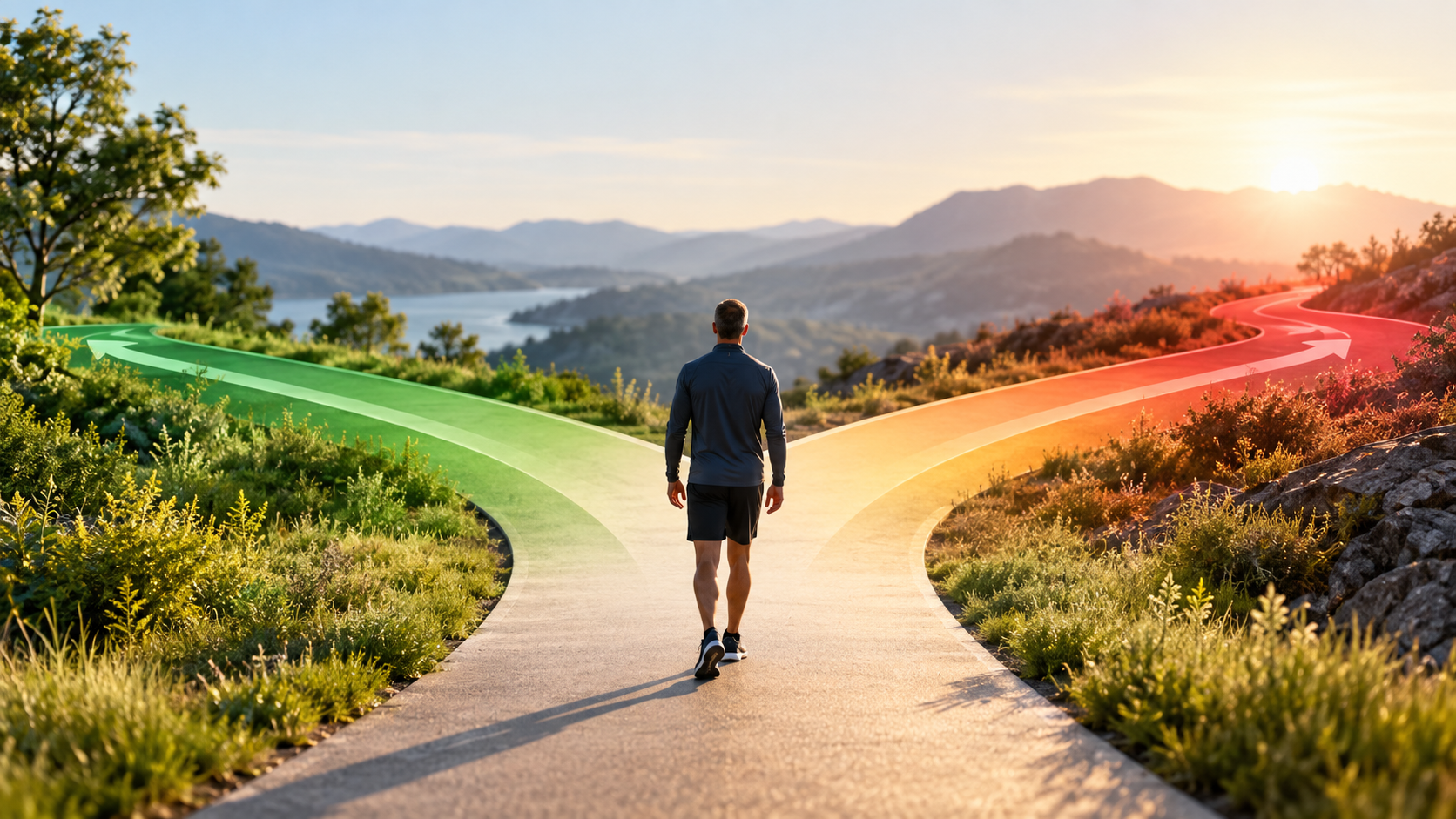 A person at a fork in the road, with green and amber-to-red paths representing different possible health trajectories.
